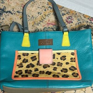 Soruka Teal Leather Tote with Leopard Front Pocket and Bright Trim
